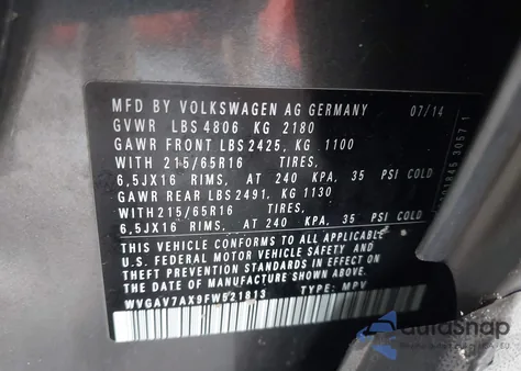 2015 Volkswagen Tiguan S из США, поврежденный, VIN WVGAV7AX9FW521813